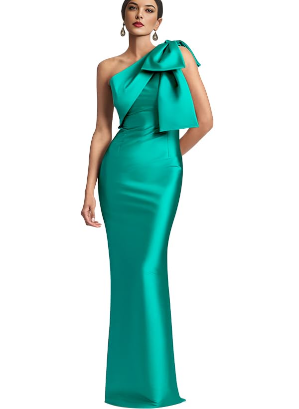 Image of IIF One Shoulder Bow Prom Dress for Women Mermaid Satin Formal Dresses Long Bodycon Evening Cocktail Gowns IIF043