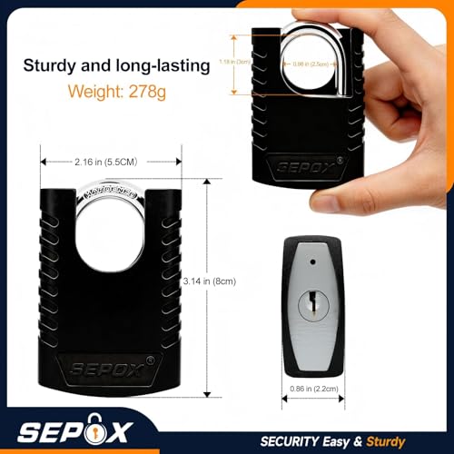 Image of SEPOX Heavy Duty Outdoor Padlock with 2 Keys - 3-3 /16 inch (80mm) Weatherproof Rustproof Lock for Gate, Fence, Shed, Toolbox - Black 3PCS