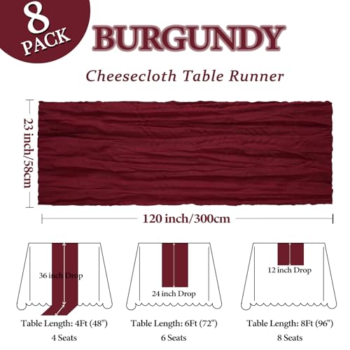 8 Pack Burgundy Table Runner Cheesecloth 10Ft Gauze Cheese Cloth Table Runner 120 Inch Boho Rustic Fabric for Party Decor Baby Shower Wedding Holiday Decorations by Heneger - Used condition - Image 2