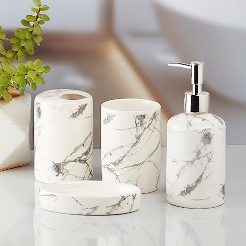Image of SaSaSa Ceramic Bathroom Accessories Set of 4 Modern Bath Set with Soap Dispenser & Toothbrush Holder, Luxury Home & Gift Idea, White /Grey (8074)