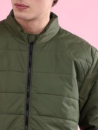 Image of The Indian Garage Co Men Olive Regular Fit Solid Quilted Puffer Jacket (Olive L)