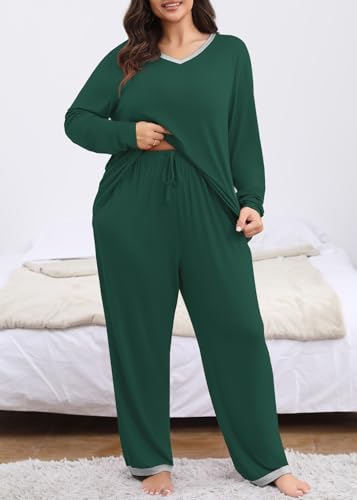 Poseshe Womens Plus Size Pajamas Cute V Neck Long Sleeve Tops And Pants 2 Piece Sleep Pajama Set Plus Size,Green,3Xl thumb #3