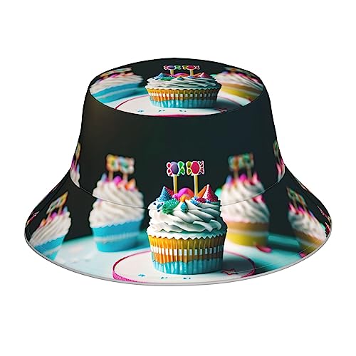 Chapeau cloche imprimé gâteaux d'anniversaire pour homme et femme - Pliable - Pour voyage, été, plage, soleil, randonnée, Gâteaux Joyeux Anniversaire, taille unique