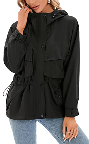 Meeuwstad Women's Casual Oversized Jacket Hooded Utility Anorak, Lightweight Batwing Sleeve Fashion Coat (L, Black) #TOP5