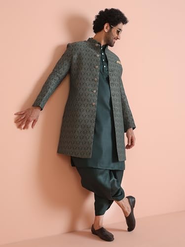 Kisah Men's Ethnic Wear Silk Blend Printed Regular Fit Green Kurta Indo-Western Sherwani Set Indo-Western (36)