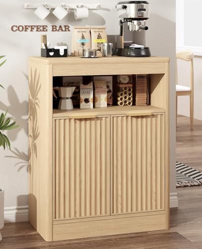 Image of AURINEST Fluted Buffet Cabinet with Storage, Small Coffee Bar Cabinet with Doors & Adjustable Shelves, Wood Storage Cabinet for Kitchen, Living Room, Entryway, Oak