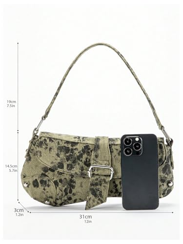 Image of QWINEE Women's Y2K Leopard Print Shoulder Bag Denim Handbags Retro Cheetah Purses Top Handle Buckle Clutch Underarm Bag