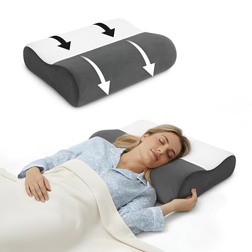 Image of Cervical Memory Foam Pillow with Inner Cover, Dual 9 cm 12 cm Heights for Neck Support, Breathable Jacquard Velvet Case, Grey, 60 x 35 cm Ergonomic Bedding Therapy Cushion Relief Aid