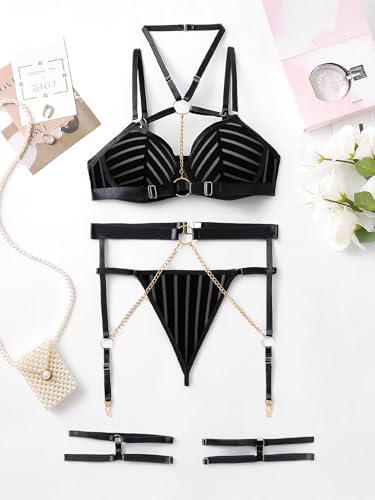 Image of Lilosy Sexy Pu Leather Strappy Underwire Garter Belt Lingerie Set