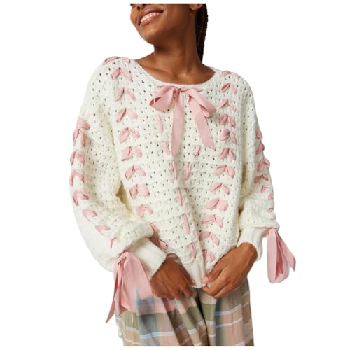Women Cute Bow Sweater Long Sleeve Bow Front Knitted Pullover Ribbon Lace Up Cable Jumper Knitwear Going Out Top