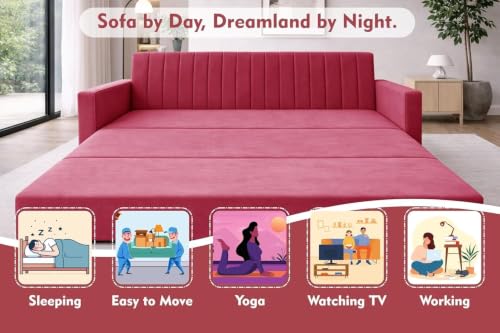 Image of Rosebell Foldable Sofa-Cum-Bed | 3-in-One Convertible Couch with Armrest | Modern Fabric Sofa for Living Room, Bedroom & Office-Red-Color