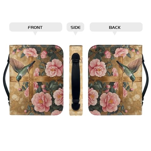 Large Hummingbird Cross Pu Leather Bible Tote For Women, Church Bag With Handle Bookmark, Stylish Floral Design2