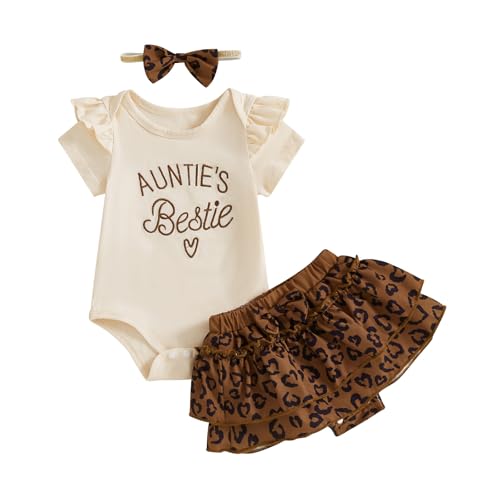 Aunties Bestie Baby Clothes Girl Aunt Saying Letter Ruffle Romper Shirt+Leopard Bloomer Short Headband Summer Outfit