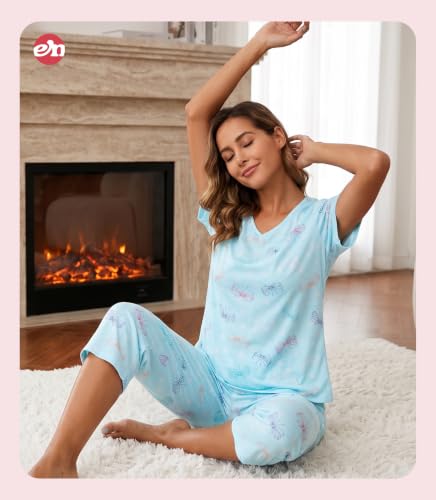 Image of ENJOYNIGHT Womens Pajama Sets Cotton Pj Set Short Sleeve Top With Capri Pants Sleepwear 2 Piece Lounge Set
