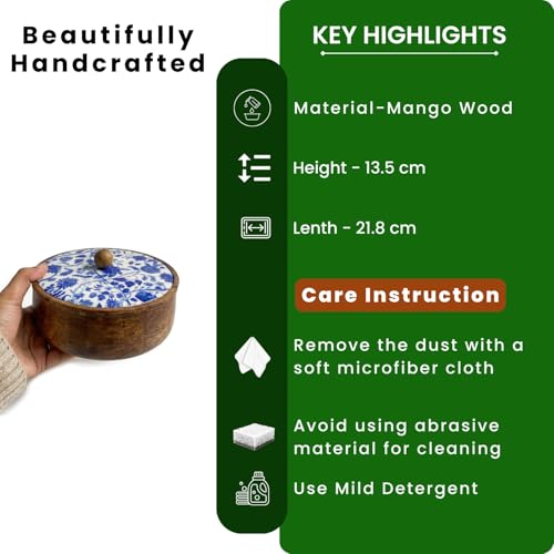 Image of ExclusiveLane 'Indigo Baagh' Wooden Chapati Box for Kitchen with Lid (21.8 cm, Mango Wood, Hand-Enameled, Multicolor) | Hot Case for Roti Casserole for Roti Box Hot Pot for Roti Kitchen