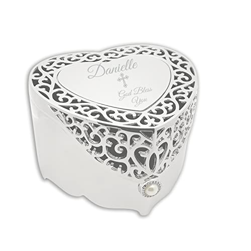 Cherished Moments Personalized Filigree Heart Jewelry Keepsake Box with Custom Engraved Cross and Message for Women, Teens, or Little Girls, Silver Toned