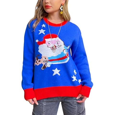 Fashionme Ugly Christmas Sweaters for Women Funny Cute Jumpers Tops Shirts Funny Vintage Winter Chunky Xmas Sweater Soft Holiday Santa Claus Print Cover