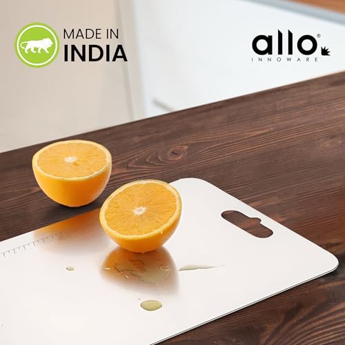 Image of Allo Premium Stainless Steel Chopping Board with Handle (31 x 21 cm) - Large Heavy-Duty Metal Cutting Board for Kitchen, Knife Friendly | Vegetable & Fruit Cutter SS Pad