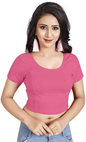 CRAZYBACHATIndian Design Stretchable Cotton Lycra Blouses Beige Tops Readymade Saree Blouses Short Sleeve Crop Top
