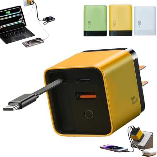 3 in 1 Charger, Retractable Phone Charger Wall Plug with Scalable 80w Max Fast Charging Module, Type C Cable and 2 USB Ports for iPhone, Phone, Laptops (Yellow)