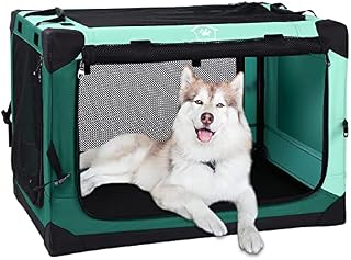 Ownpets 4 Door Folding Dog Crate,Unfolded dimension L&M Size Portable Pet Crate with Strong Steel Frame for Dogs & Cats, Detachable Soft Indoor & Outdoor Kennel