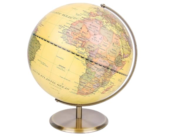 Globo Terráqueo Vintage 15 cm con Base Metálica Bronce – Mapa en Inglés Giratorio – Globo Decorativo Pequeño para Escritorio, Oficina, Biblioteca o Regalo Educativo