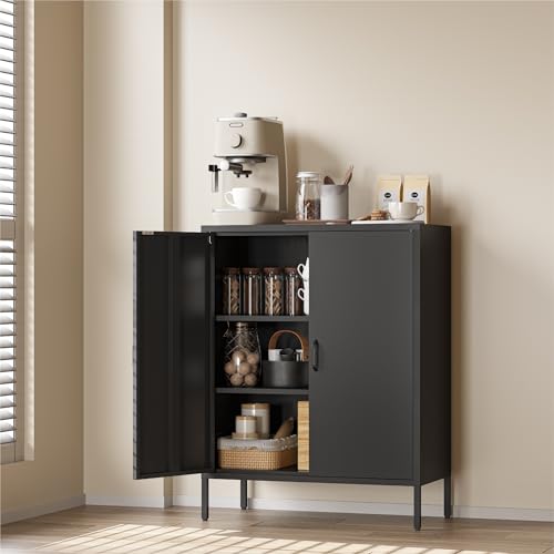 Image of COFaR Black Metal Storage Cabinet, 40 inch Industrial Kitchen Organizer & Buffet Sideboard, 3-Tier Steel Cabinet with Adjustable Shelves, Magnetic Doors for Coffee Bar, Office, Dining Room