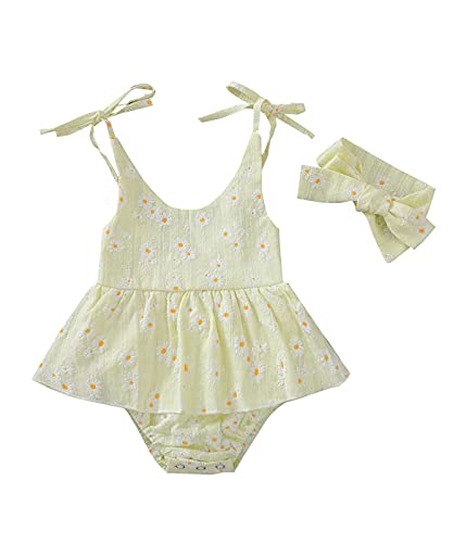 Image of Baby Girls Daisy Playsuits Bodysuit+Headband Print Halter Romper Floral Jumpsuit Infant Onesie Summer Clothes