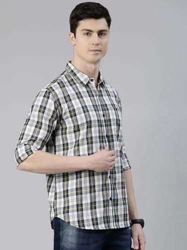 Image of JOVEN Men Slim Fit Pure Cotton Brown and Dark Green Casual Checked Shirt