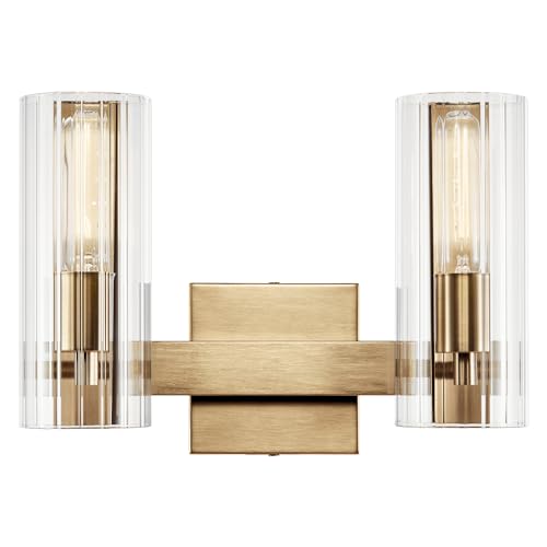 Image of Kichler Jemsa 2-Light Modern Bathroom Vanity Light Fixture with Clear Fluted Glass in Champagne Bronze for Bathroom or Powder Room Wall Mount (9.75 in x 13.75 in), 55167CPZ