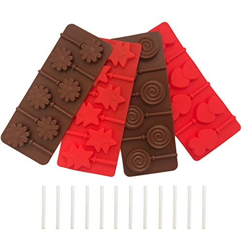 Set mit 4 Silikonformen (Herz, Stern, rund, Blume), TuNan 6 Mulden, Schokolade, harte Süßigkeiten, Gelee, Fondant, Form mit 12 Saugnäpfen - (Farbe: Schokolade, Rot) Cover