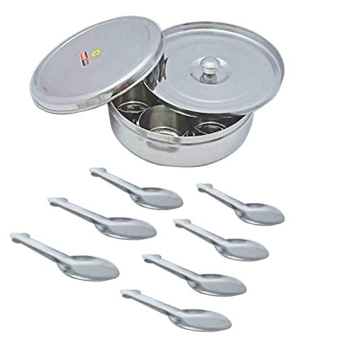 Stainless Steel Spice Box Stainless Steel Masala Dabba Stainless Steel Spice Container Indian Spice Box Spice Container Box with 7 Spoons Kitchen Spice Box Spice Box for Chefs