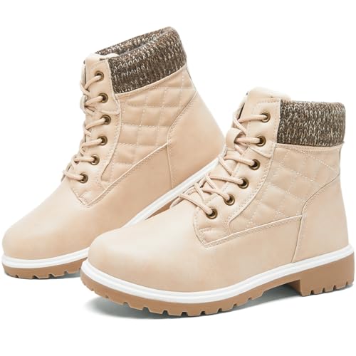 kufeiti Waterproof Ankle Boots for Women Non Slip Black Combat Boots Fall Winter Snow Lace Up Hiking Booties(Apricot, US9)