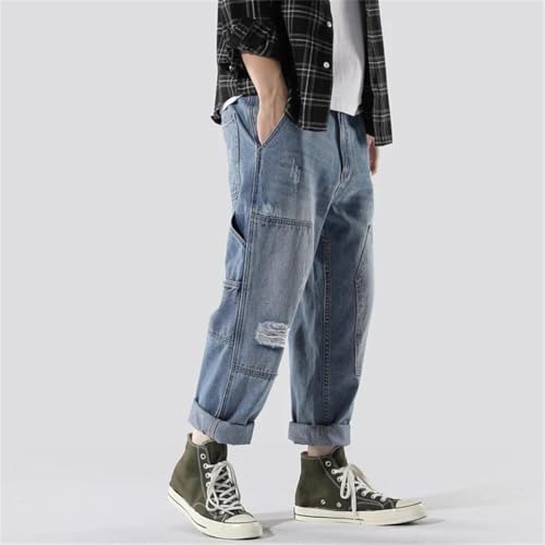 Men's Y2K Retro Harajuku Jeans Ripped Fashion Loose Korean Style Nine-Point Pants4