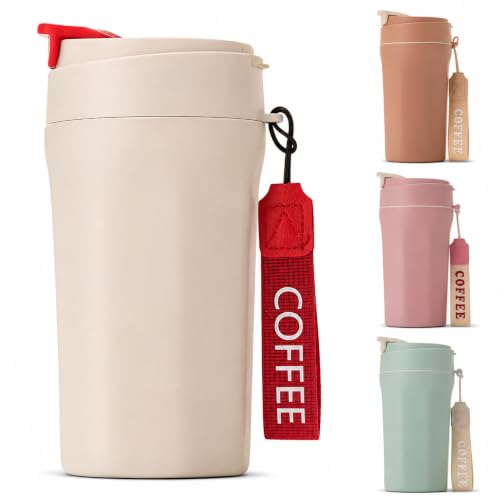 Image of Reusable Coffee Travel Mug with Leakproof Flip Lid - 400ml, Set of 1, Portable Coffee Cup with Wrist Strap, Coffee Tumbler for Hot & Cold Drinks, Office, Travel, Car, Home (Random Colour)