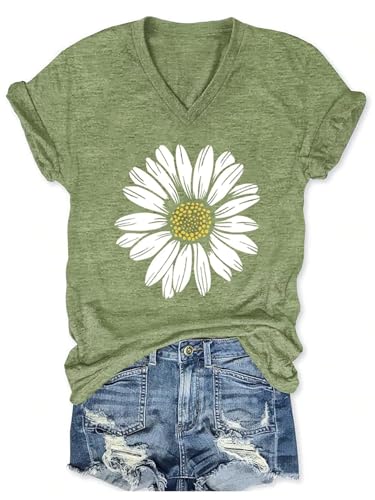 Flower Printed T Shirts for Women Cute Wildflowers Graphic Tees Boho Tops V-Neck Short Sleeve Summer Tshirts (Green7, XL)