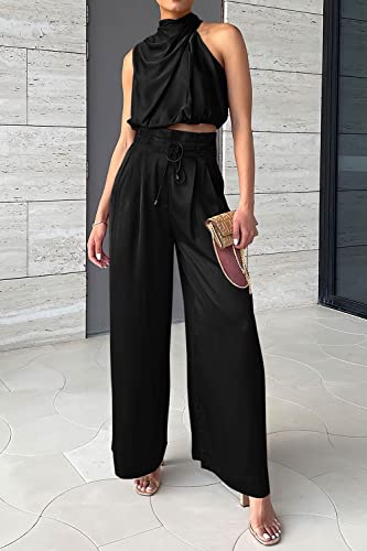 Image of PRETTYGARDEN Women's 2 Piece Outfits 2023 Summer Casual Sleeveless Mock Neck Crop Tops Wide Leg Pants Set