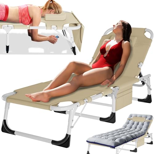 MOPHOTO Beach Lounge Chair, 5-Position Adjustable Tanning Chair with Face Hole, Heavy Duty Folding Chaise Lounge for Beach, Pool, Patio & Sunbathing