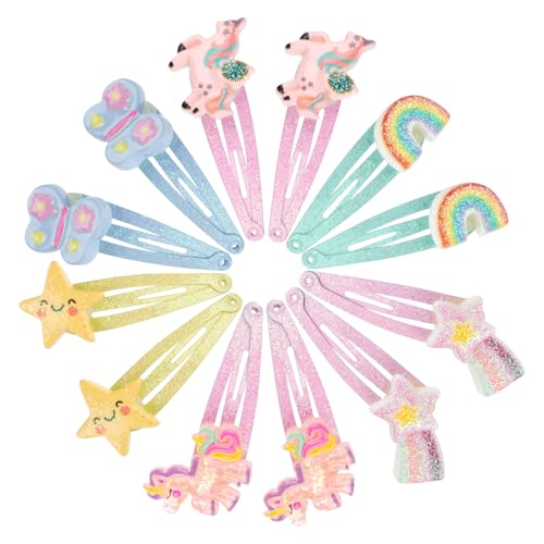 Haarspangen Mädchen 12 Stück, Haarspangen Kinder Mehrfarbig Glitzer Haarklammern,Einhorn Schmetterling Regenbogen Blumen Haarschmuck, Süße Haarklammer Klein für Mädchen Kinder Baby Geschenk