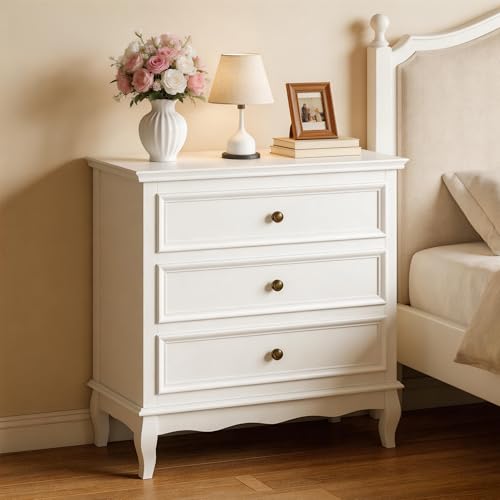 RoyalCraft 32" Wide 3 Drawer Dresser for Bedroom, White Chest of Drawers, Vintage Wood Dresser, Large Nightstand Cabinet for Living Room
