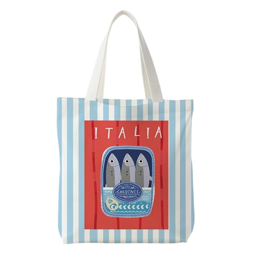 NATSUNO Coastal Beach Sardine Canvas Tote Bag, Seafood Lovers Gifts, Retro Blue Ocean Italian Sardines Striped Canvas Tote Bag for Women, Reusable Grocery Bags Shopping Bags