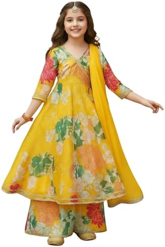 Naixa Girls Rayon Fabric Floral Printed 3/4 Sleeve Sharara Dress Set For All Occasion salwar suit