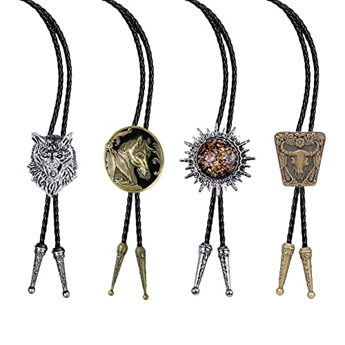 Btilasif 4Pcs Bolo Tie For Men,Western Cowboy Vintage Wolf Horse Longhorn Bull Gemstones Leather Necktie Halloween Costume Accessories For Men Women #TOP11