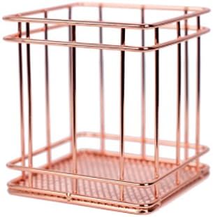 Rose Gold Coating Stainless Steel Wire Cylinder or Rectangular Pen Pot Holder on Desk and Table for Home and Office Use (Square)