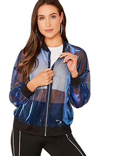 Romwe Women's Long Sleeve Stand Collar Zipper Front Sheer Mesh Hooded Jacket Blue Medium #TOP2