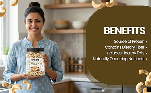 Image of Avogro Premium Whole Pure Cashew Nuts 1KG | Natural and Unsalted Kaju Ideal for Dieting, Snacking, Cooking, and Baking | Protein Rich Kajau Dry Fruits Perfect for Gift | Jar Pack Of 1