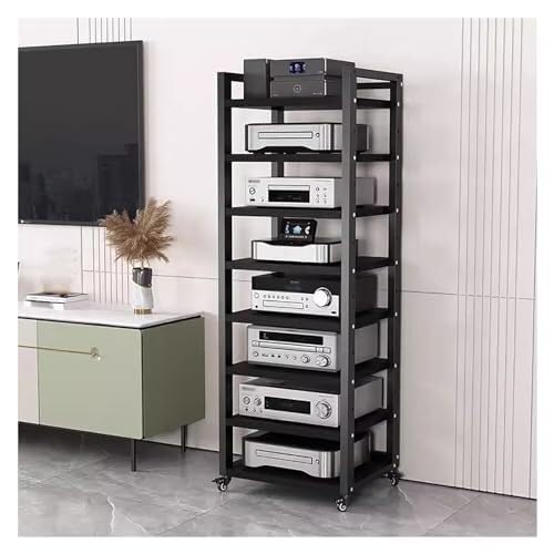 High-Fidelity 8-Level Rolling Rack, Equint Heavy-Duty Open Shelf for DVD & Hi-Fi, 50cm Wide, Black - Sturdy Storage Solution for Audio Equipment and Media