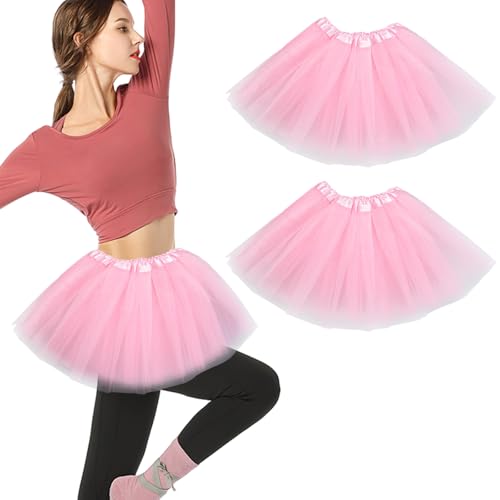 2 Packs Women's Ballet Tutu Skirt - Fluffy Tulle Dance Skirt with Elastic Waist for Dress-Up Birthday Christmas Tutu Costume for Women (Pink Tutu)