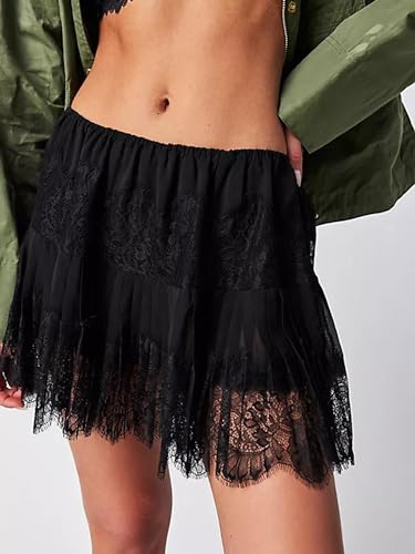 Women Lace Tiered Mini Skirt Summer Elastic Pleated Lace Trim Half Slip Low Rise Flowy Short Skirts Underskirt (A-Black, S)2