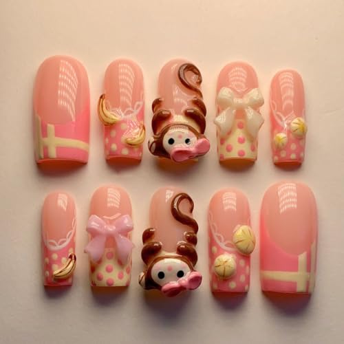Cute Monkey & Banana 3D Press On Nails with Polka Dots and Bows – Kawaii Cartoon Nail Set